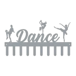 Steel wall art featuring the word 'Dance' in elegant script, with three dancers in action poses above. Includes hooks for hanging items.